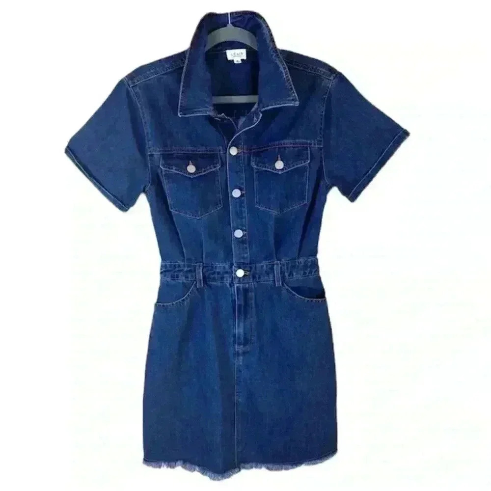 Le Lis Denim “70’s” Retro Collared Button Down Fitted Raw Hem Jean Dress Size M - Picture 2 of 16